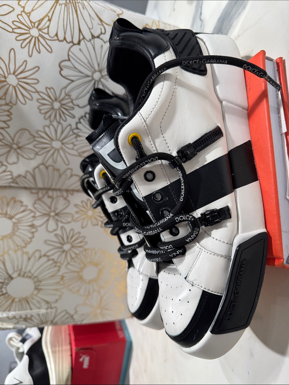Dolce & Gabbana is White, Black & Yellow Accent Leather Sneakers portfolio shoes